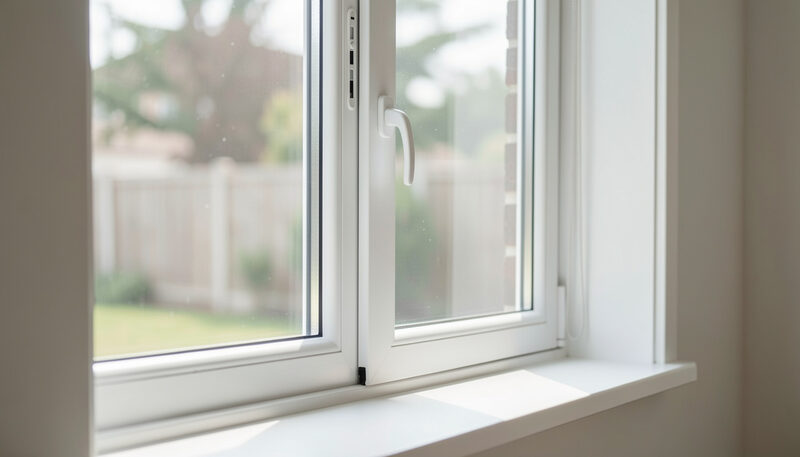 A white double-glazed window with a trickle vent above the handle, photographed from inside a bright room.