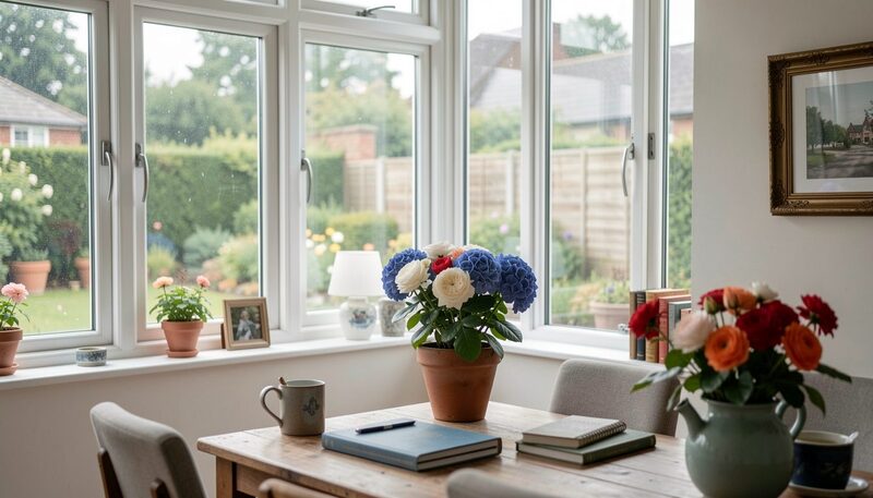 Folding chairs arranged in a bright conservatory with a sideboard of drinks, low evening sun through the glass.