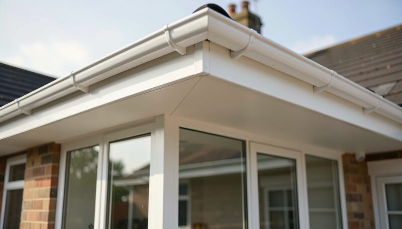 New white fascia, soffit and guttering at the corner of a low roof above a glazed extension, seen from below.
