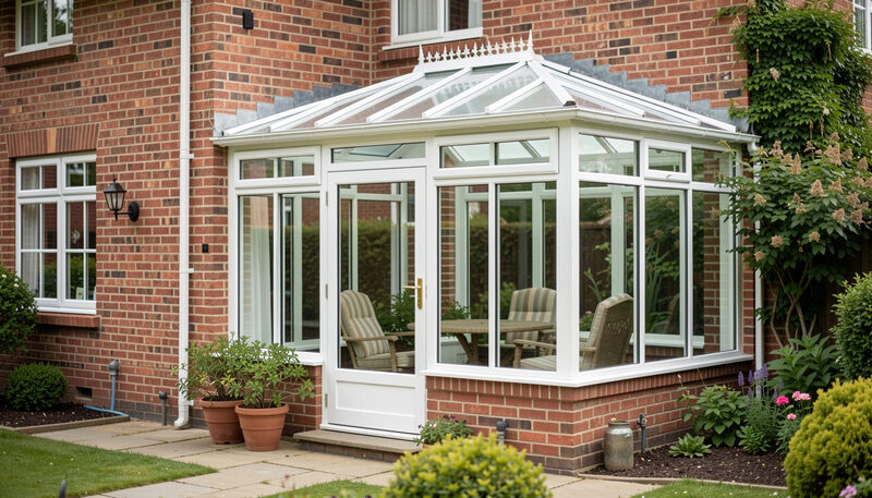 A white-framed glass conservatory with a pitched roof against a red brick house, garden chairs inside.