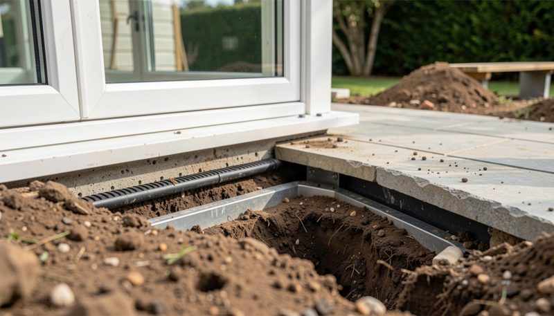 A pegged-out rectangle of string lines on a lawn beside a house wall where a conservatory base is marked.