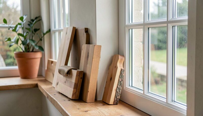 Four timber frame samples in different woods laid in a row on a joiner workbench under daylight.