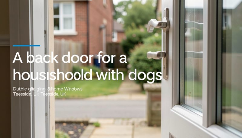 A muddy dog waiting at a closed glazed back door with a low panel, paw prints on the doorstep.