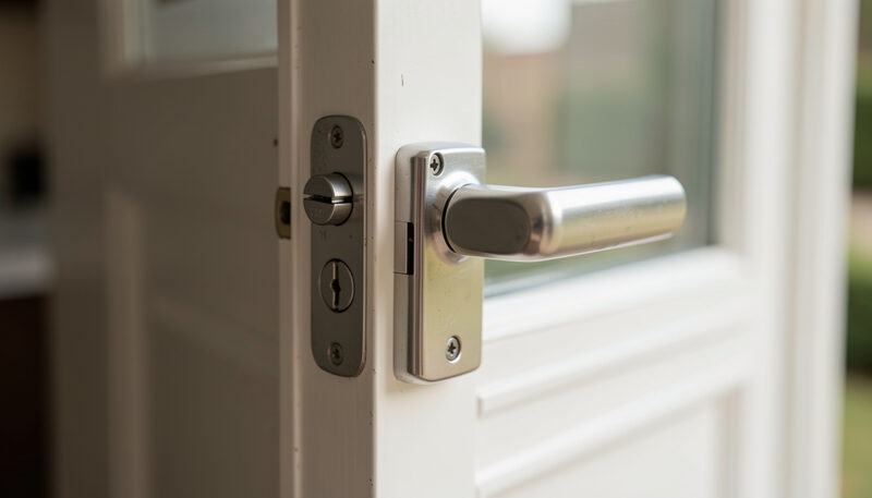 Close-up of a multipoint lock, cylinder and stainless handle on the edge of an open white door.