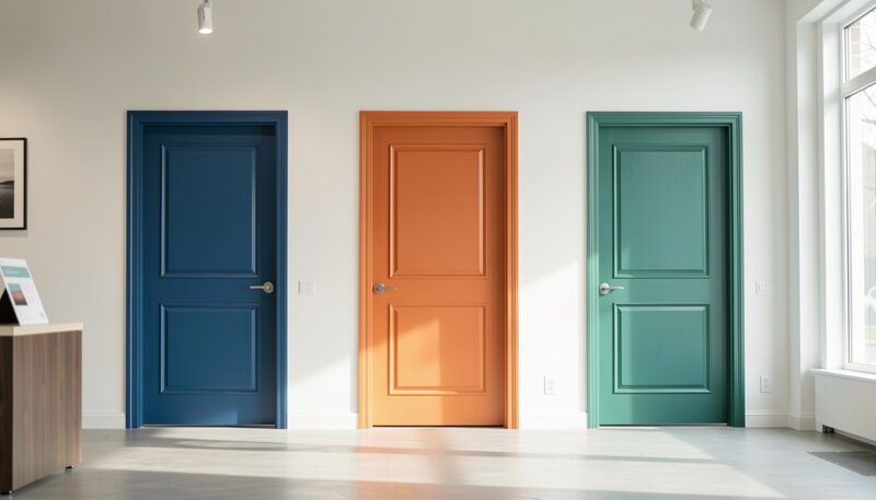 Three panelled front doors in blue, orange and green set side by side in a bright showroom.