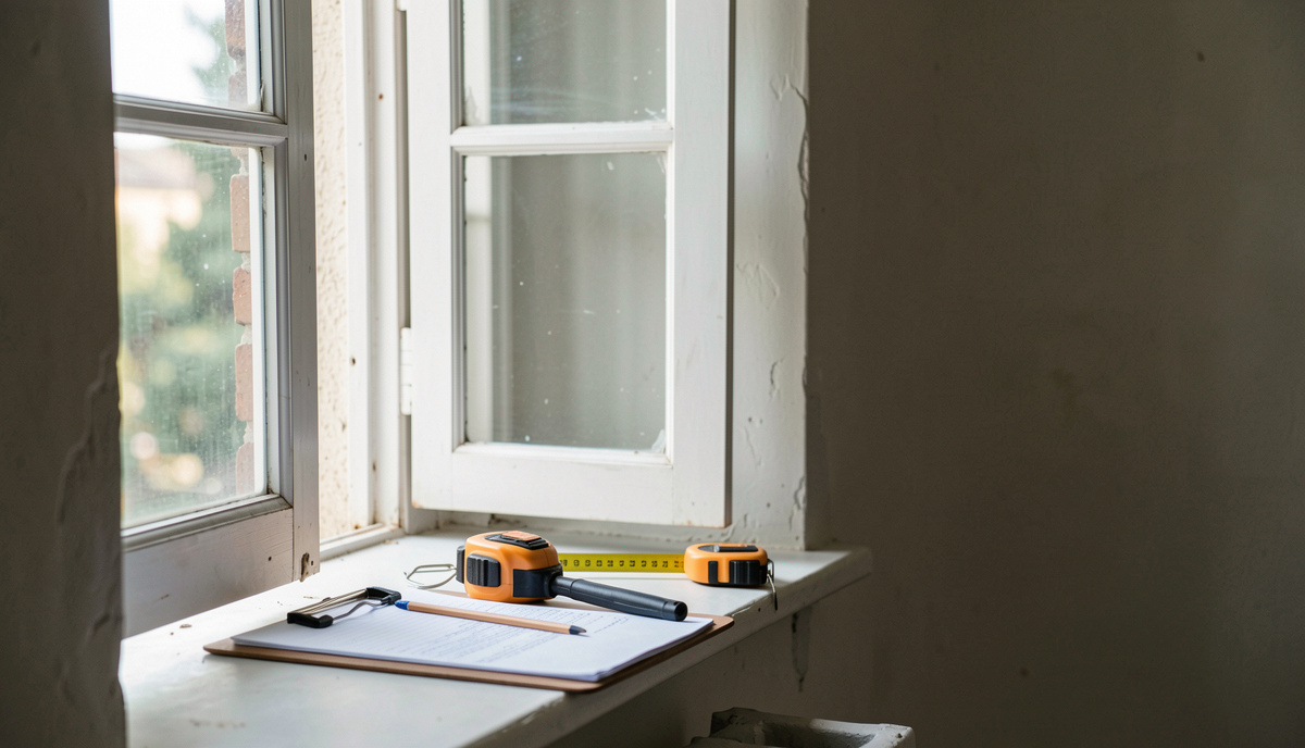 A sunlit corner of a renovated living room with exposed timber beams, a moisture meter resting on a windowsill beside a notebook, and a rolled floor plan leaning against the wall.