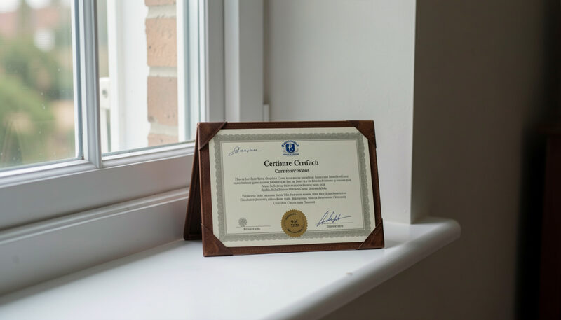 A certificate in a leather folder standing on a white windowsill beside a closed casement window.