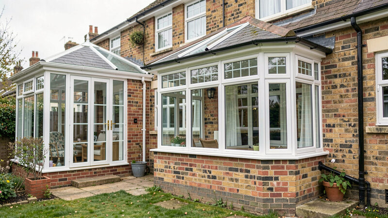 A white uPVC conservatory and a glazed bay window on the brick rear elevation of an English house, lawn in the foreground.