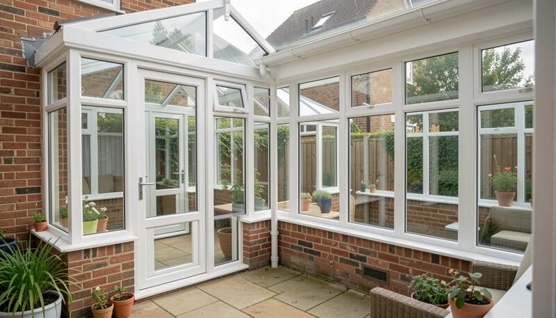 A white uPVC conservatory with a glass roof and a French door on a brick house, potted plants on the patio.