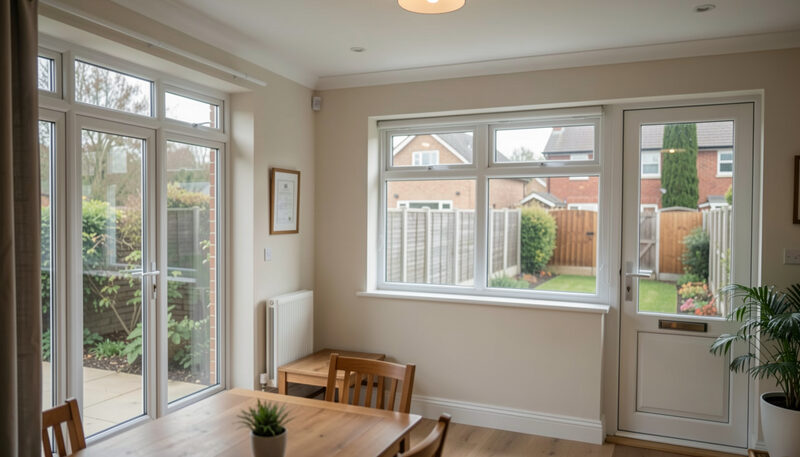 A dining room with white uPVC French doors, a window and a back door opening onto a garden.