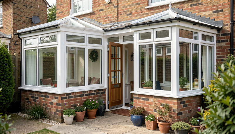 A white conservatory with an oak-finish glazed door between two glazed bays on a brick house.