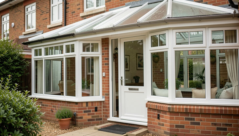 A white uPVC porch door between a conservatory and a bay window on a red brick house.