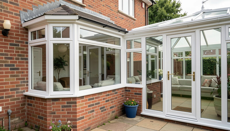 A glazed bay and a white conservatory with French doors on a red brick house, patio in front.