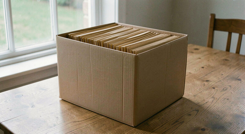 A plain cardboard archive box packed with buff folders on an oak dining table beside a white casement window, soft daylight.