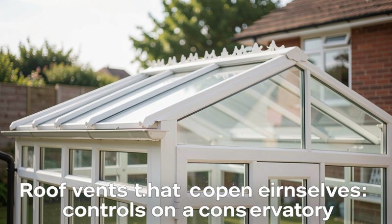 An open roof vent in a conservatory ceiling with a small motorised arm, sky visible through the gap.