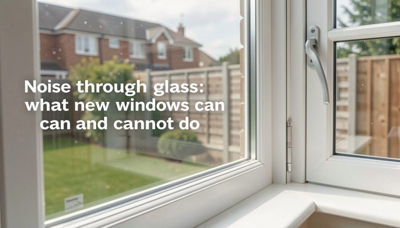 A closed double-glazed casement window looking onto a residential street with a car passing in soft evening light.