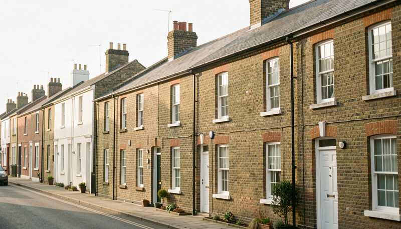 A street of brick terraced houses with sash windows and chimneys in soft morning light.