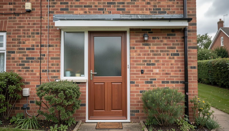 A closed mahogany-coloured panel door with a frosted side window in a red brick house front under a grey sky.