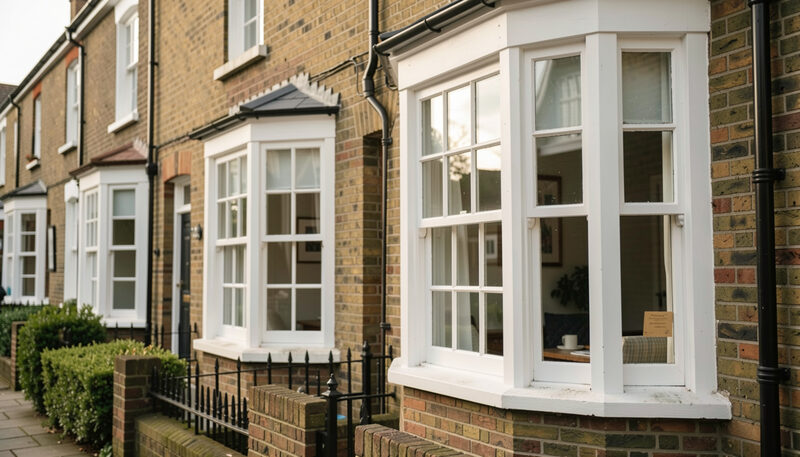 White timber sash windows and a bay on a brick terrace, iron railings in front.