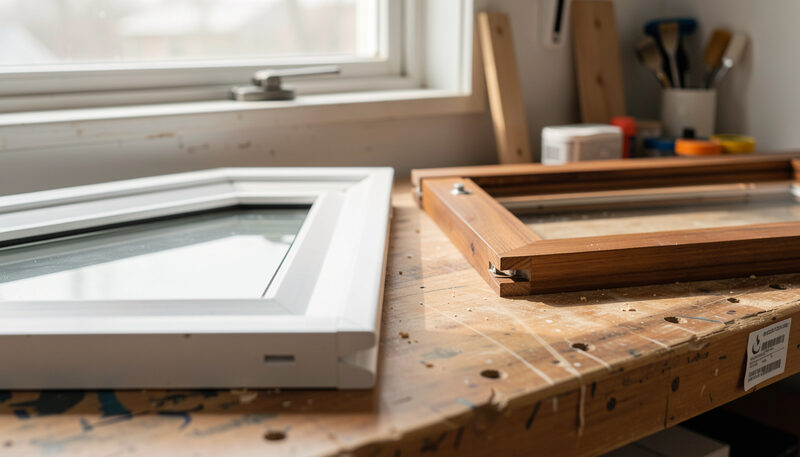 A white uPVC window sample and a timber window frame side by side on a workbench.