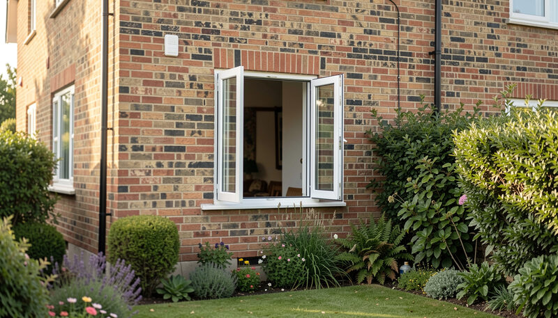 A white uPVC casement window open on a brick wall above a border of lavender and shrubs.