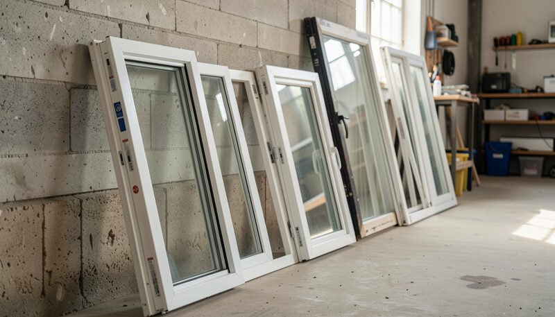 Six white replacement window frames leaning against a blockwork wall in a workshop, daylight from a side window.